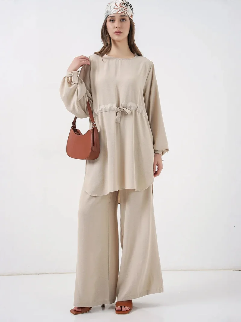 BIG DART BDART Crew Neck Tie Detail Tunic and Wide Leg Pants Set